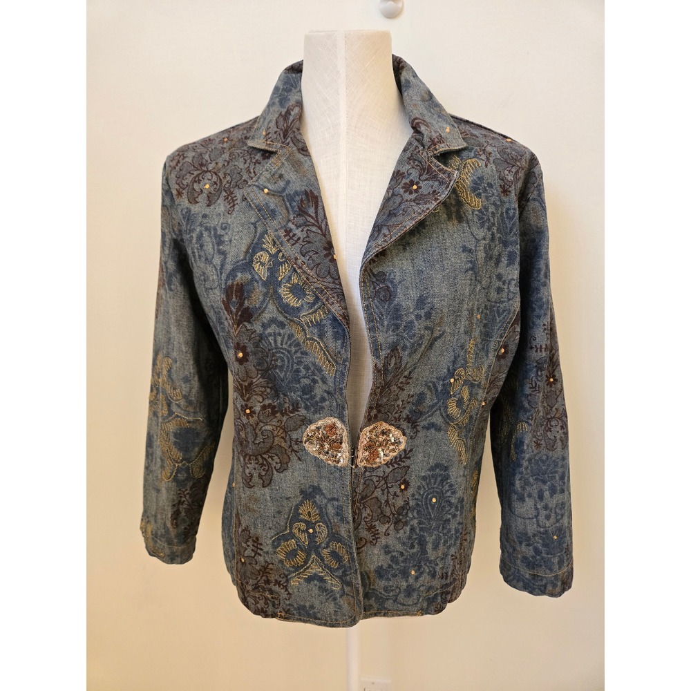 Chico's Embellished Denim Jacket Floral Embroidered Beaded Boho Blazer‎ Size 1